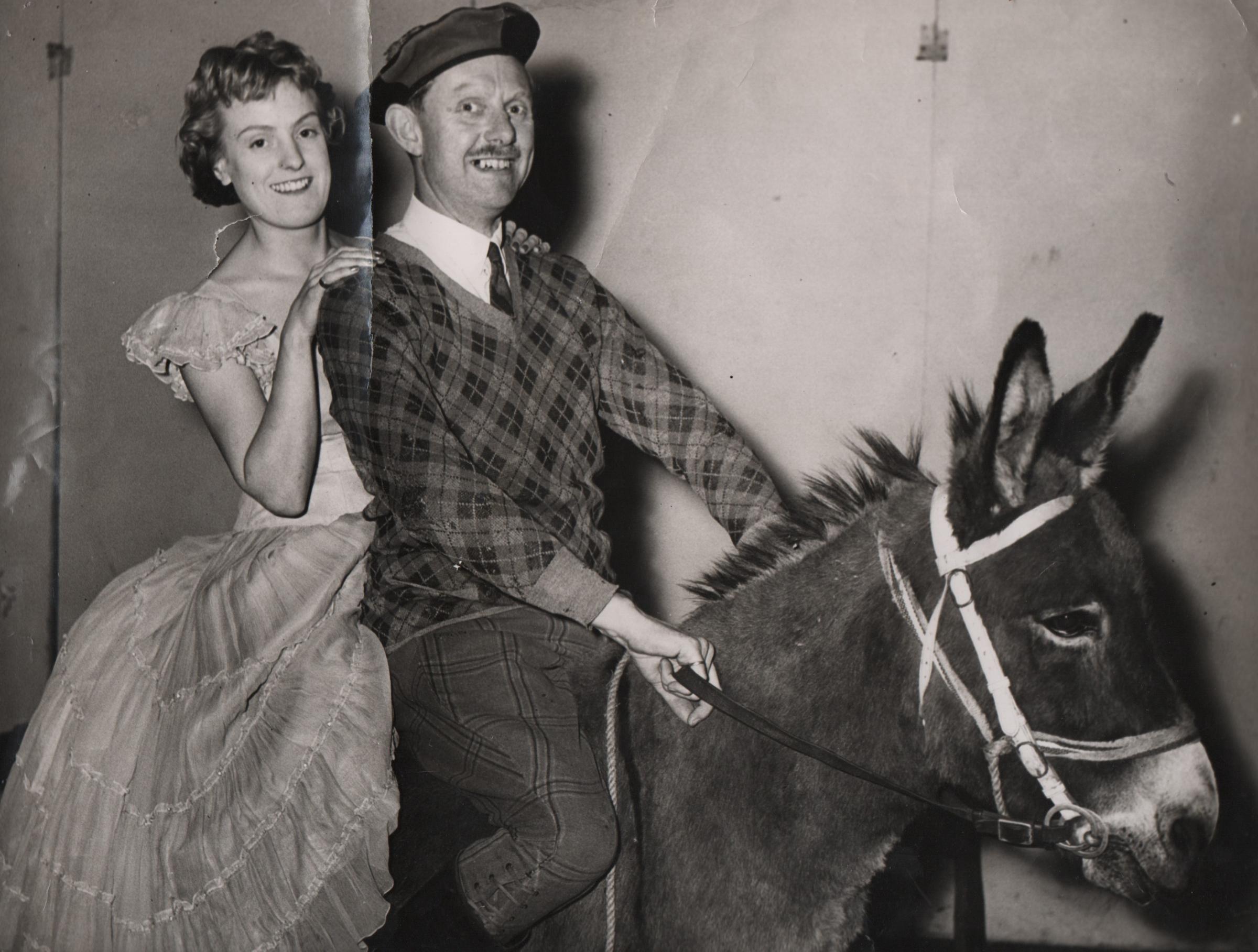 Sonia Davis and Billy Wyatt on Jinny the donkey in The Desert Song at Worcester’s Theatre Royal in 1957