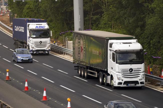 HGV lorries on the M4 motorway near Datchet, Berkshire