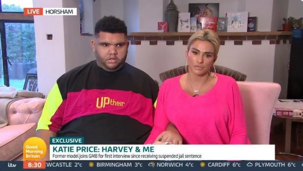 Worcester News: Katie Price with her son Harvey during an interview with GMB 