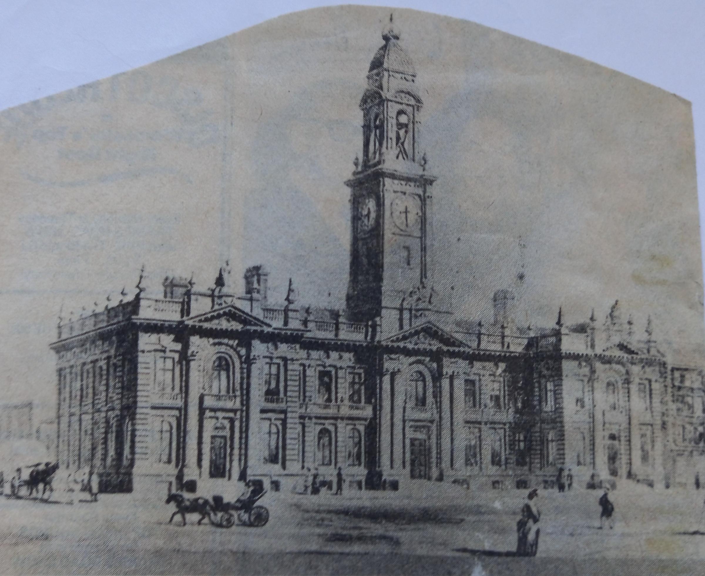 By 1872 Worcester Guildhall was in a bad way and a competition was held to design a new one. This is a rare sketch of the winning entry by Christopher Wray. After much furore, the City Council decided to renovate what it had