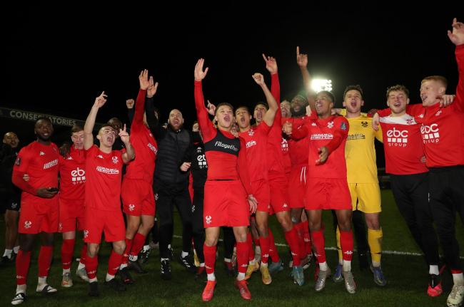Kidderminster Harriers players celebrate after the Emirates FA Cup third round match at the Aggborough Stadium, Kidderminster. Picture date: Saturday January 8, 2022..
