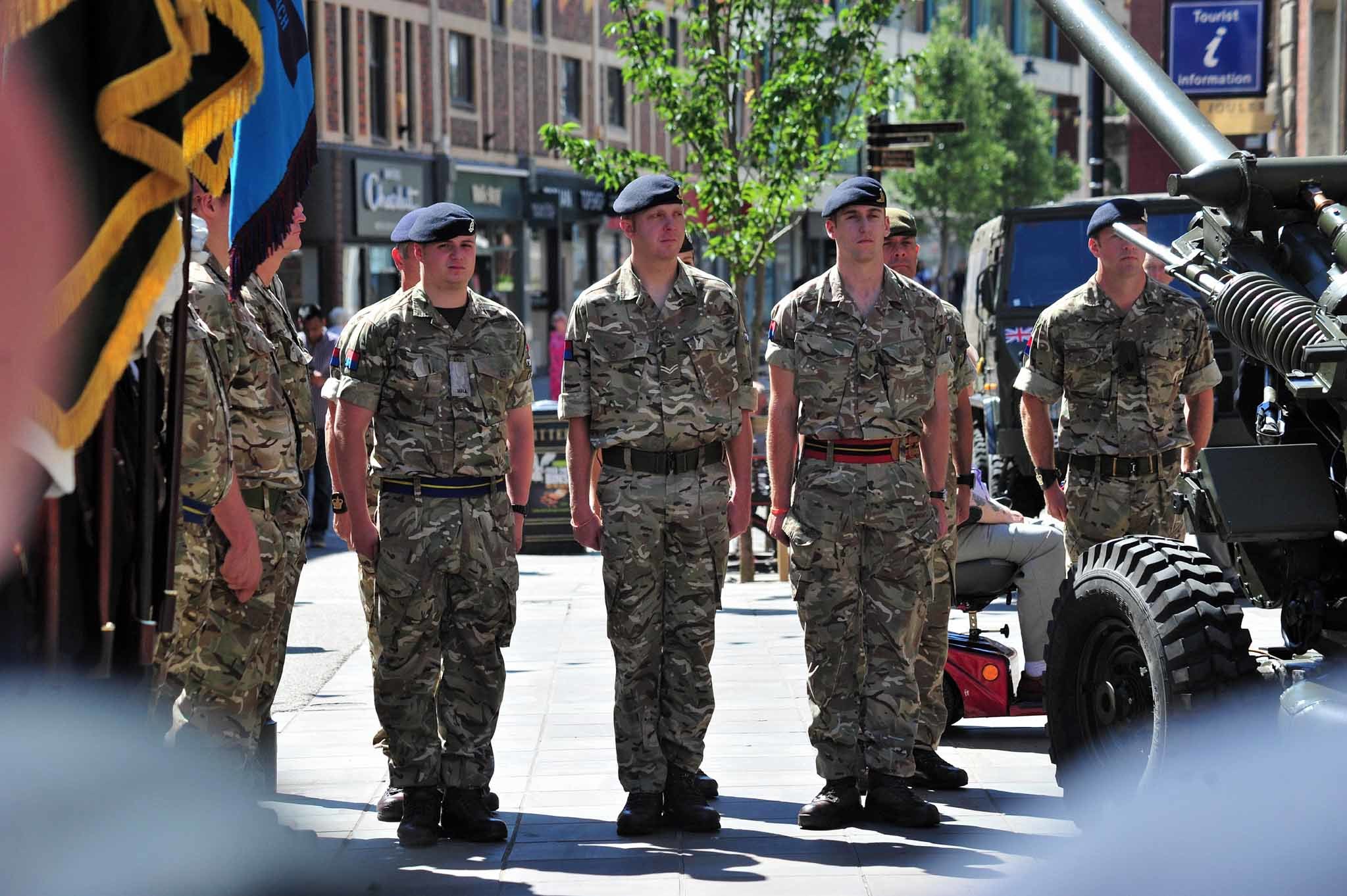 Members of the 214 (Worcestershire Battery) Royal Artillery taking part in the service during the raising of the Armed Forces Day Flag above the Guildhall, High Street, Worcester in 2018