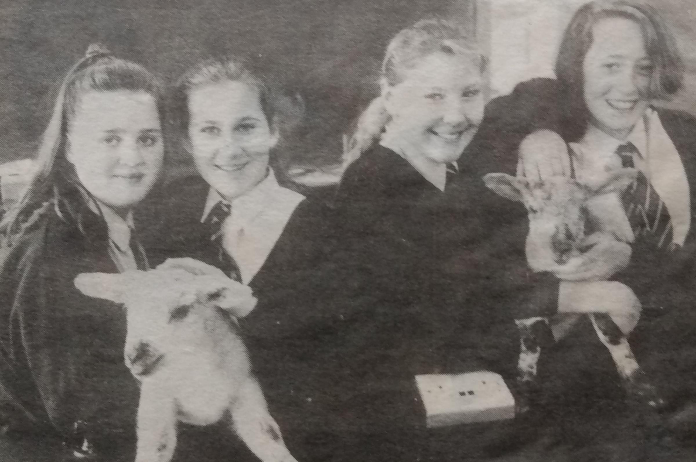 April 1993 and Sprogitt and Sylvester, lambs born to one of the two sheep owned by the school, say hello to Caron Cox, Nicola Jones, Natalie Smith and Suzanne Harper