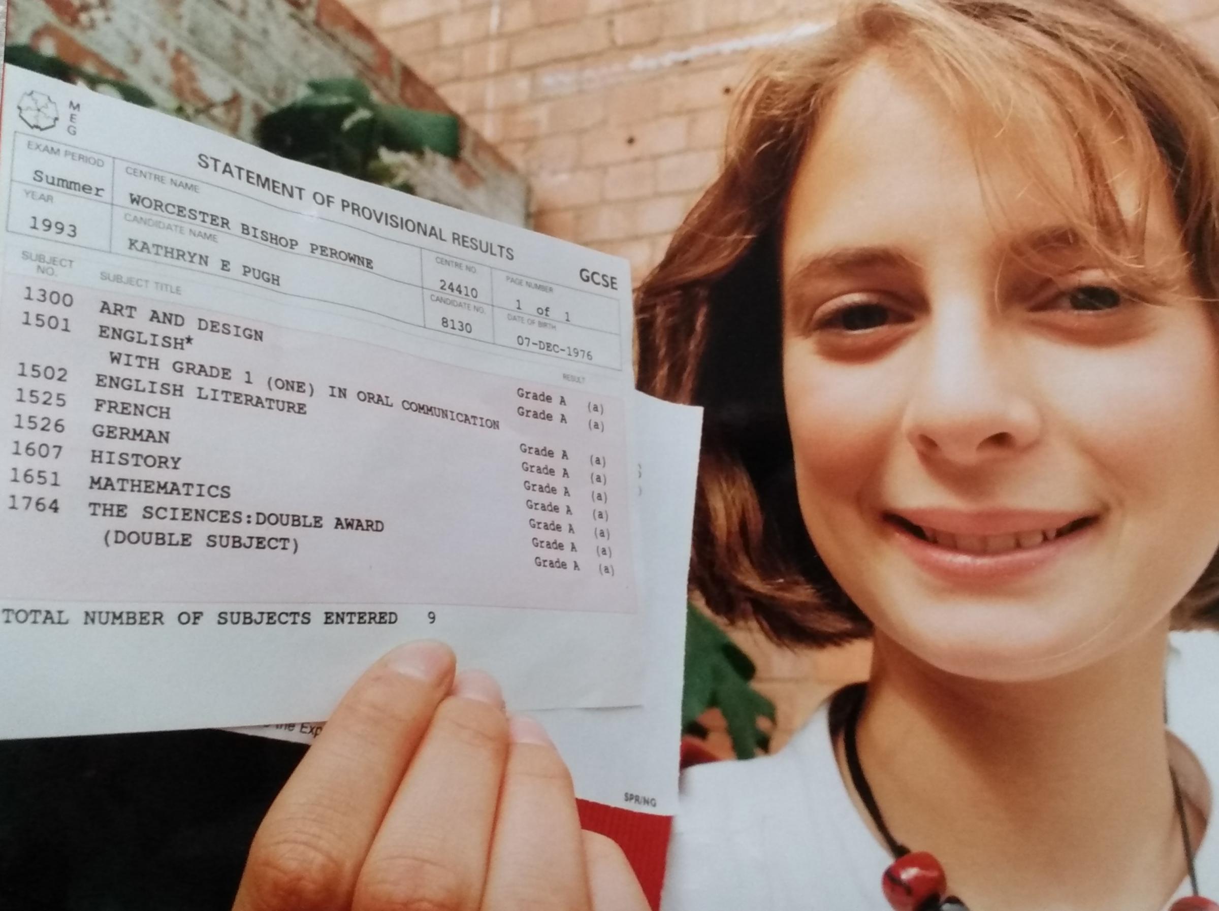 In the days when your results were sent out through the post. August 1993 was a happy one for Kathryn Pugh