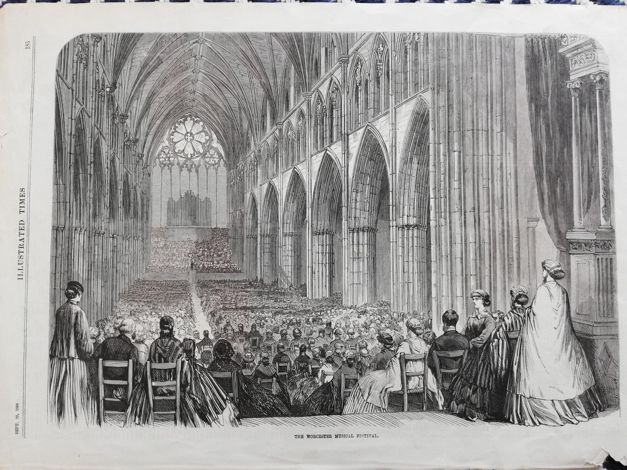Worcester Cathedral hosts the Three Choirs Festival in 1866. Image from Illustrated London News