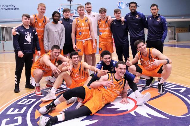 Worcester Wolves celebrate after winning the National Basketball League Division Three Midlands Conference. Pic: Keith Hunt