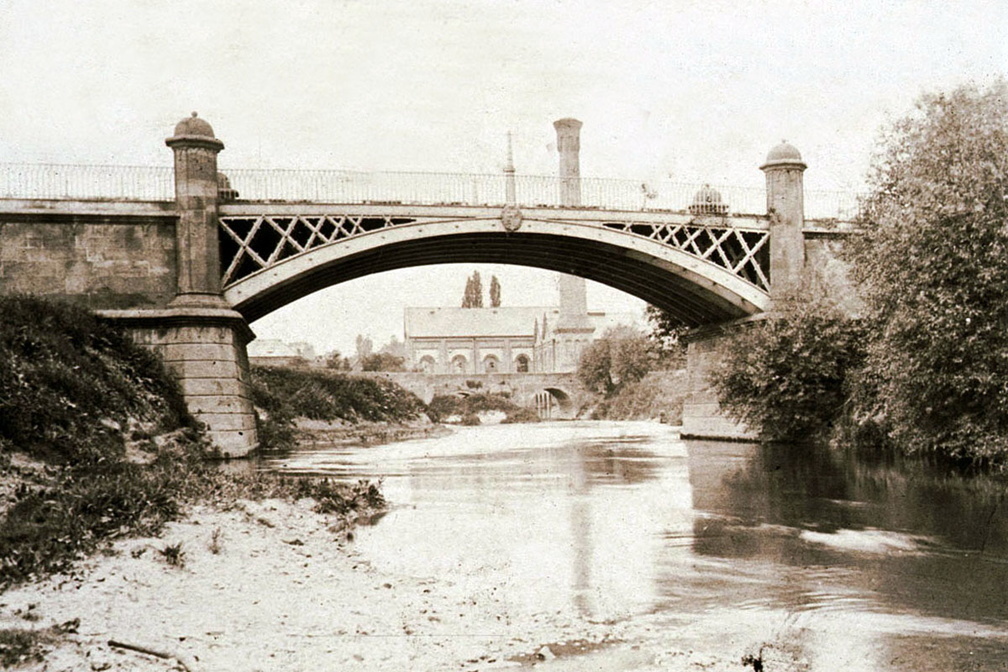 Lovely old photo of Powick Power Station viewed through the arch of the river Teme bridge