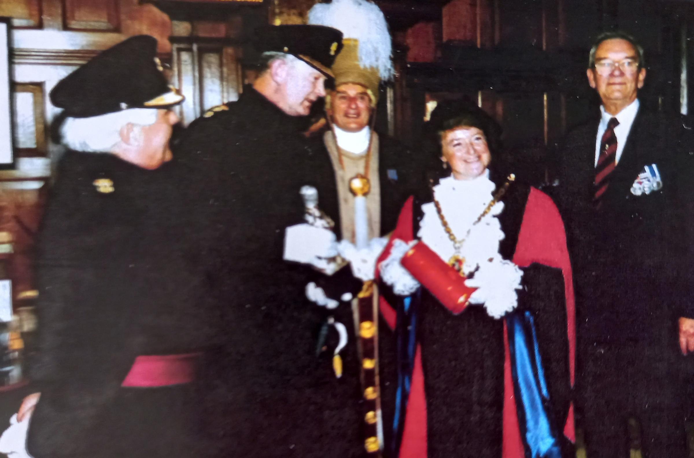 The Grenadier Guards receiving the Freedom of the City of Worcester in 1999. Mayor Jo Hodges presents the scroll to Major General Evelyn Webb-Carter