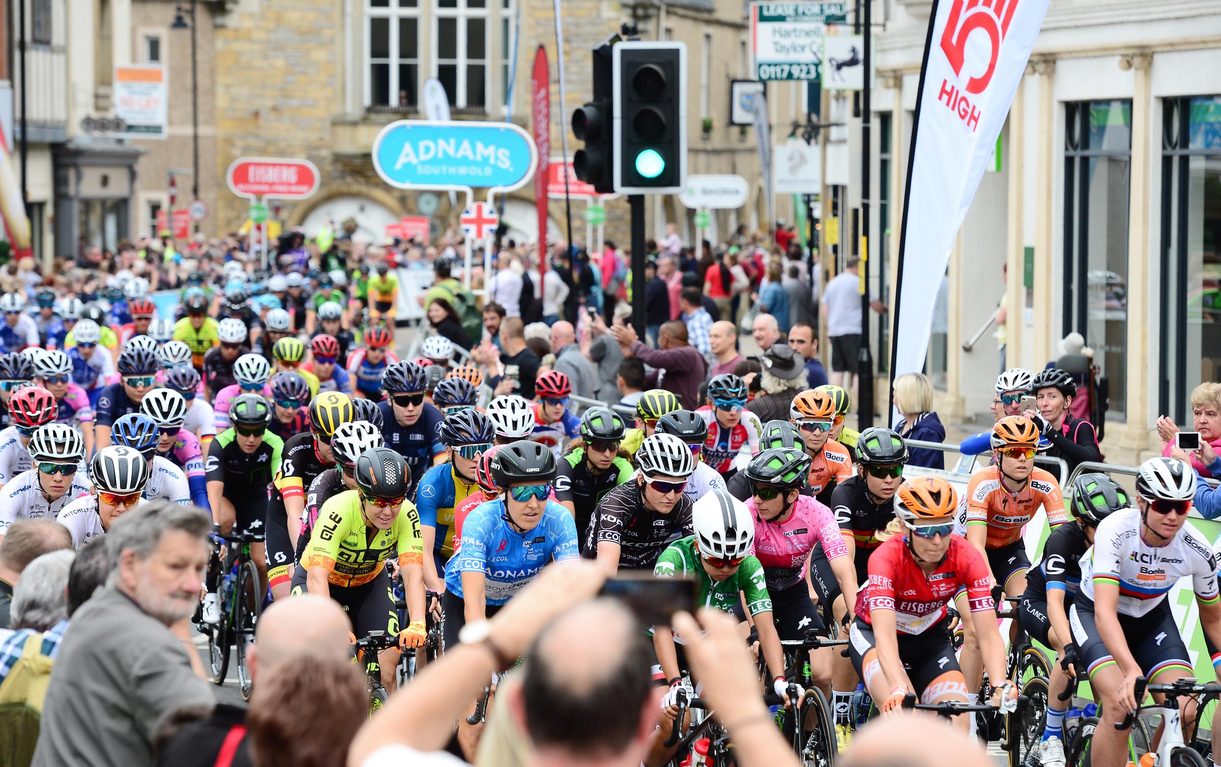 PACKED STREETS: The peloton makes its was through Evesham after setting off on the fourth stage of the 2018 OVO Energy Womens Tour to Worcester