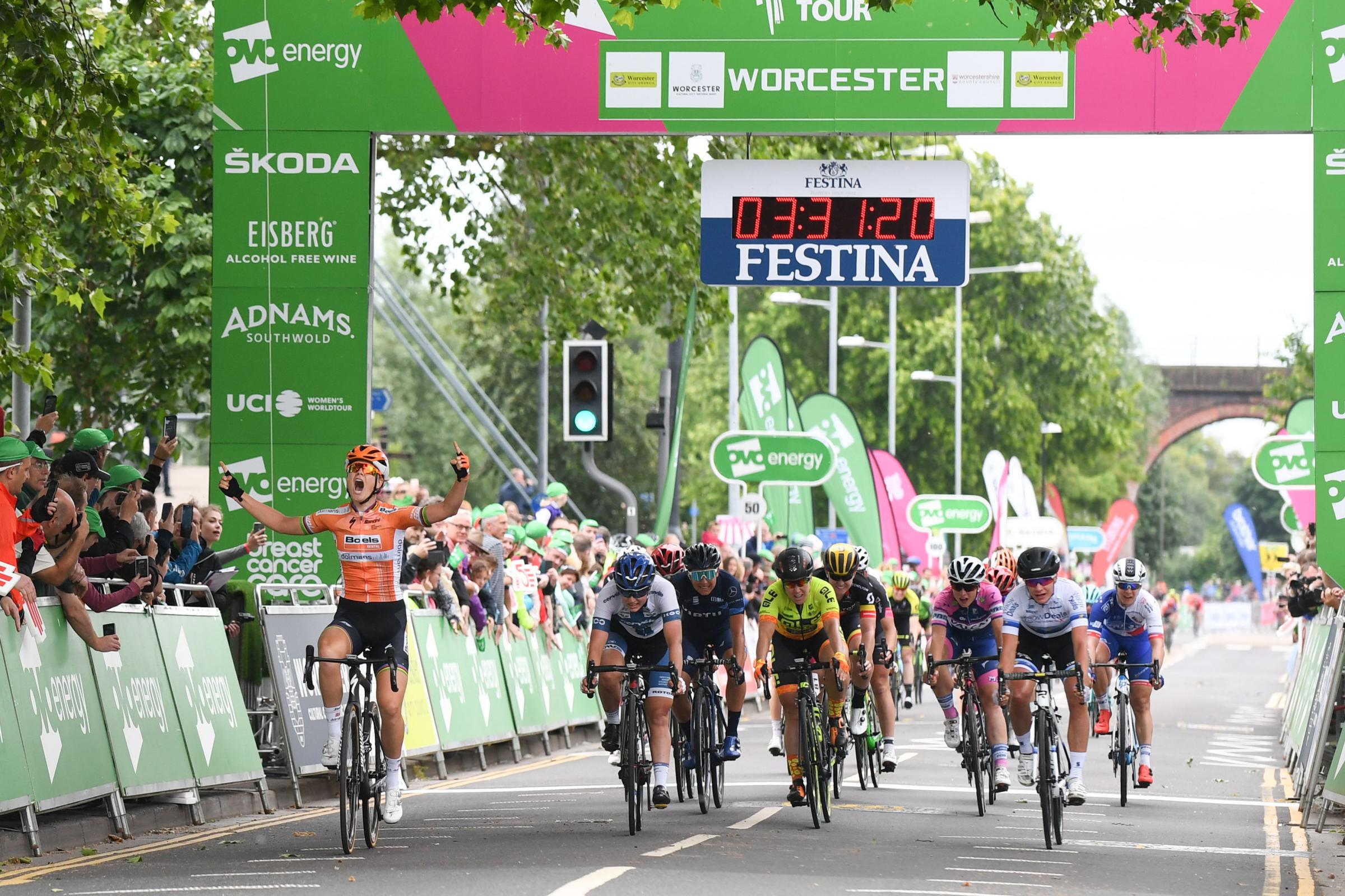 OVER THE LINE: Boels Dolmans Cycling Teams Amalie Dideriksen celebrates winning stage four of the OVO Energy Womens Tour in Worcester