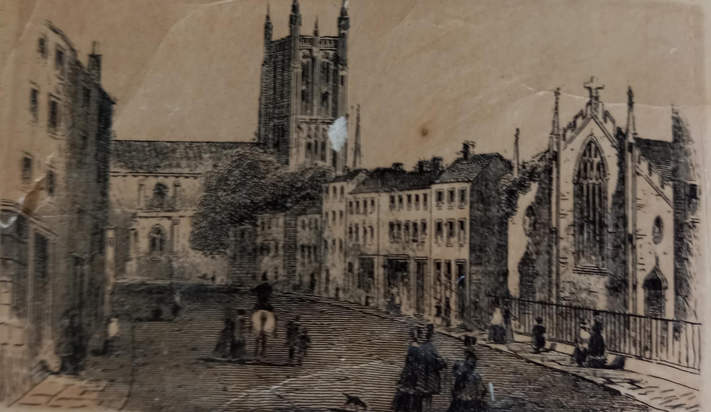 A Victorian engraving of Worcester High Street, seemingly much wider than now and with enough room for a decent cavalry charge