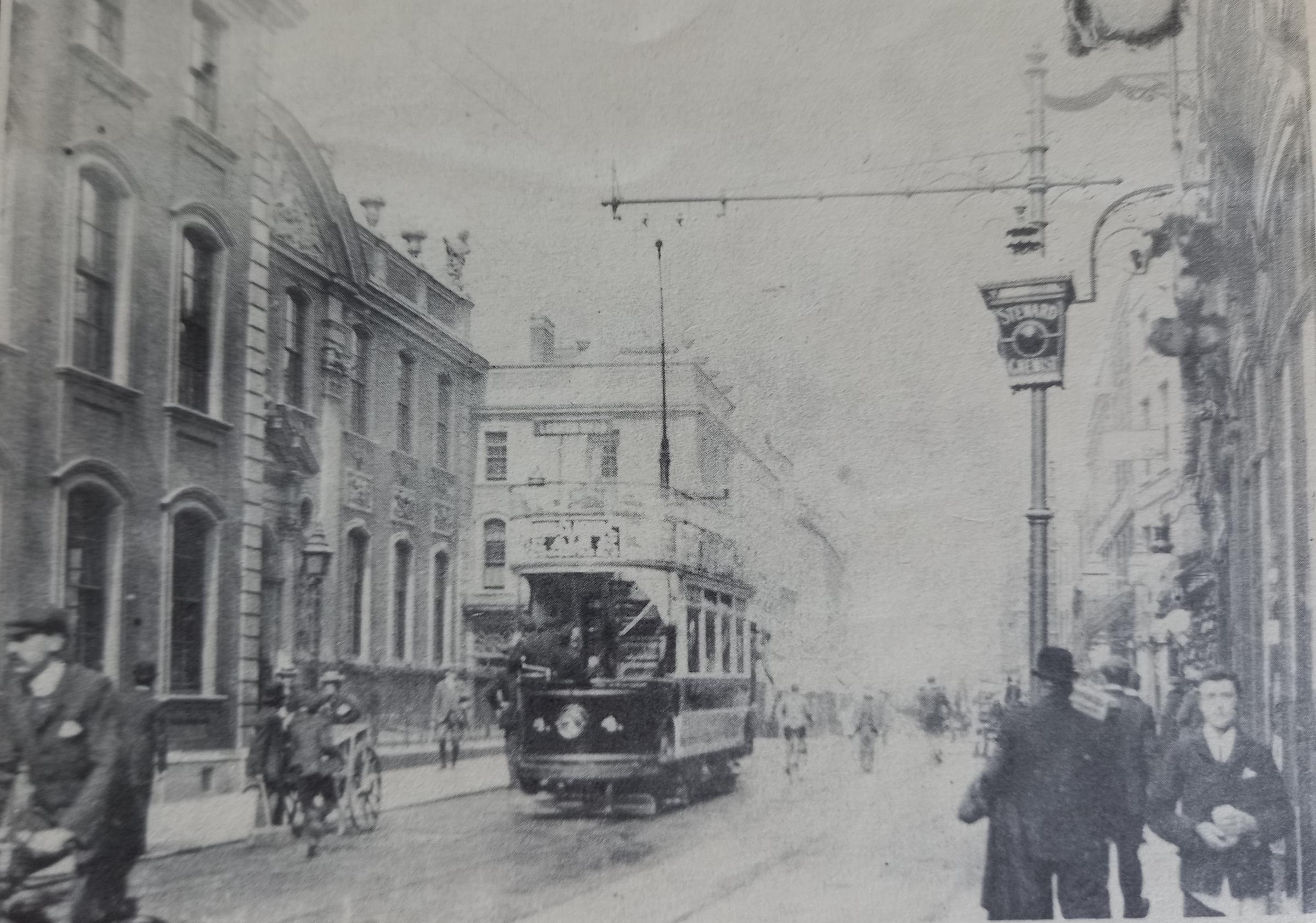 Worcester High Street in 1904 when electric trams had replaced horsepower