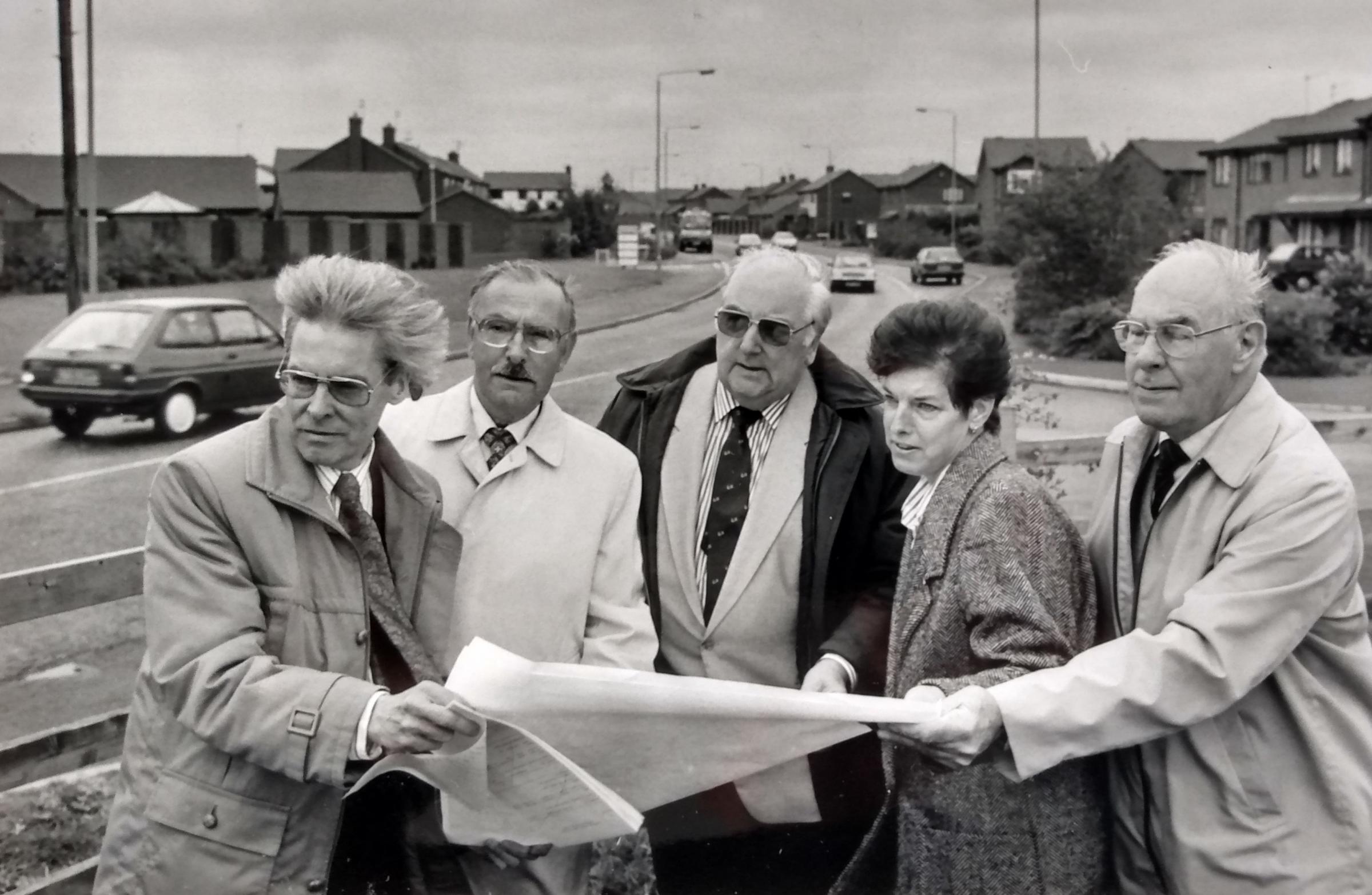 A perennial problem - speeding on St Peters Drive. Tony Russell, left, discusses concerns with local councillors and residents in October 1990