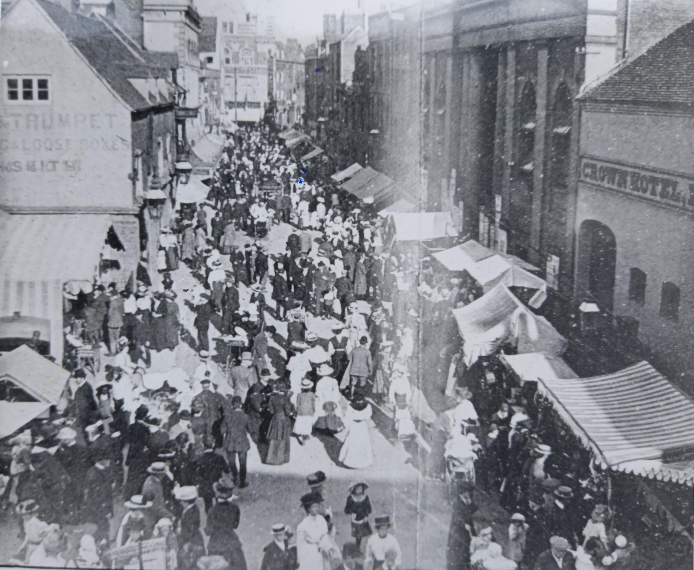 One day Worcester Fayre in Angel Street in the early 1900s. Obviously a possible plague in the locality was no deterrent