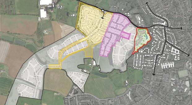 Worcester News: EXTENSION: The application site (highlighted in red) in relation to the rest of the West Worcester urban extension in the South Worcestershire Development Plan (SWDP)