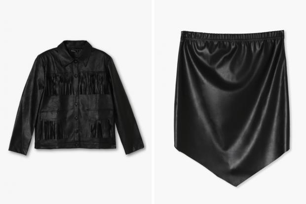 Worcester News: (Left) Fringe Faux Leather Jacket and (right) Pointed Hem PU Mini Skirt in black (Boohoo/Canva)