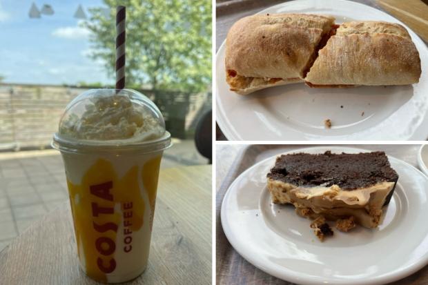 Worcester News: (Left) Tropical Mango Bubble Frappé (top right) Chicken & Chorizo Panini (bottom right) Chocolate & Caramelised Biscuit Loaf Cake (Katie Collier/Canva)