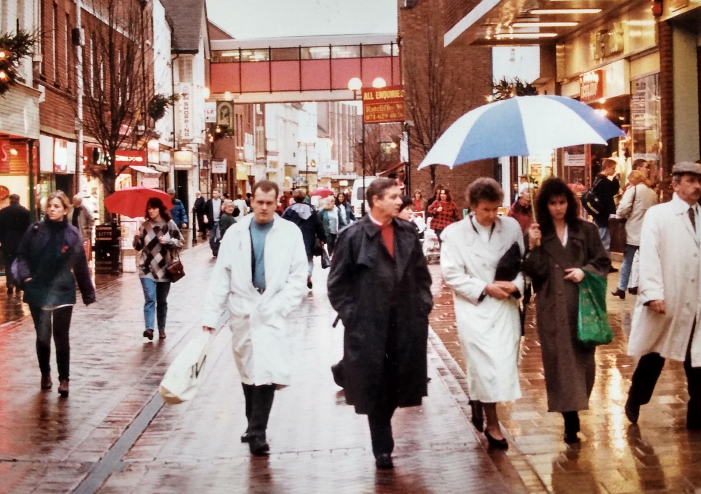 The Shambles busy with shoppers in the run-up to Christmas 1994. Note the festive weather