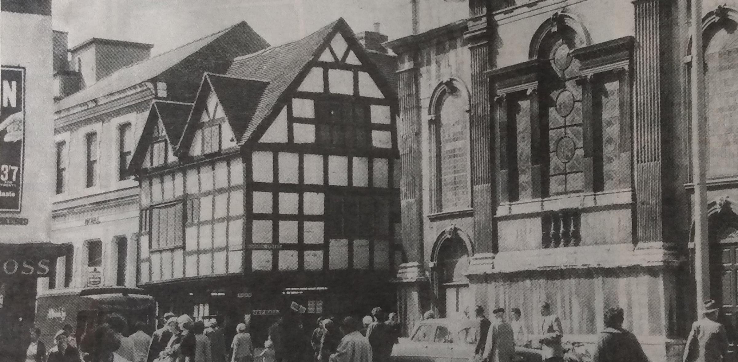 Michael Dowtys image from 1961 shows the black and white building at the corner of The Shambles and Church Street that housed J and F Hall ironmongers before its demolition