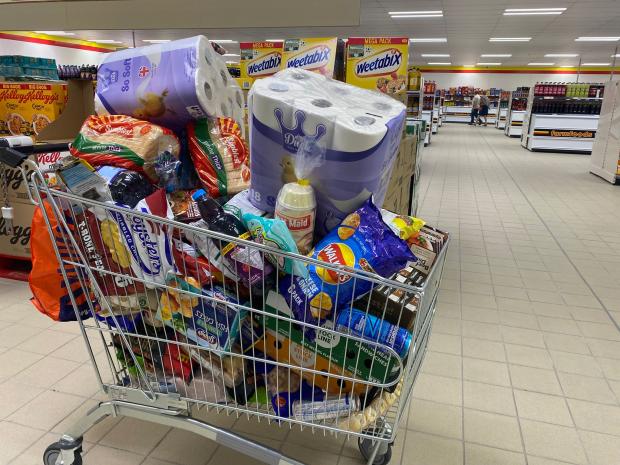 Worcester News: Shopping trolley from Farmfoods in Worcester. Image shows a well-stocked shopping trolley