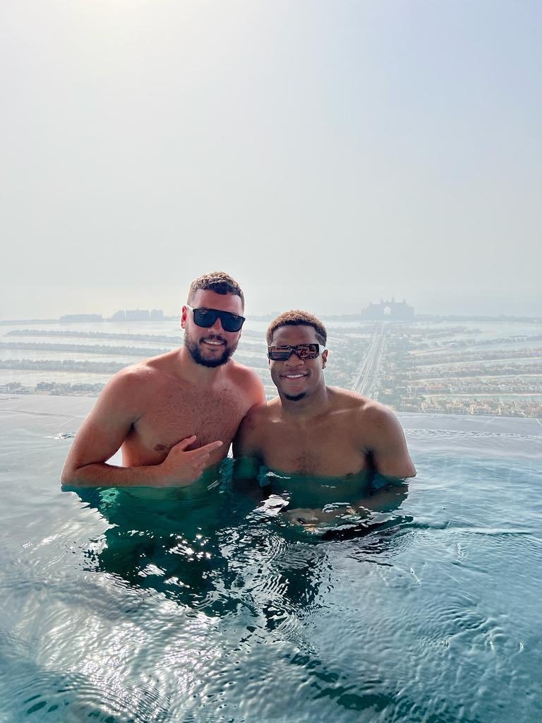 Devin Haney (right) and Worcester Citys Aaron Roberts (left) in a pool in Dubai.