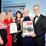 Worcester Bosch CEO Carl Arntzen presents the award to the team Pitmaston Primary School at the Worcester News Worcestershire Education Awards 2019, held at the University of Worcester Arena. Pic Jonathan Barry 20.6.19.