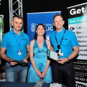 DS Jim Hopkins and Chris Watson with Sarah Stilliard from LMPQ, promoting he Get Safe campaign, during the Worcester News Worcestershire Education Awards 2019, held at the University of Worcester Arena. Pic Jonathan Barry 20.6.19.