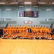 All those involved in this year’s Worcester/Valencia basketball camp with Maria Angeles Vidal (left of centre), director of L’Alquera (Valencia Basket Academy), and University of Worcester vice chancellor Professor David Green (right of centre)