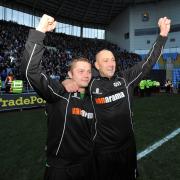 4514750001. 09/11/14. Left to right - Worcester City's two-goal hero Sean Geddes celebrates with his manager Carl Heeley after Worcester's 2-1 FA Cup first round win over Coventry City at the Ricoh Arena. Picture by Nick Toogood..