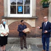 DELIGHTED: (from left to right) 
Rev Helen Caine, Worcester Methodist Church 
Mohammed Iqbal, Worcester Muslim Welfare Association 
Tom Piotrowski, Green Christian Worcester group