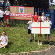 GOOD LUCK: Westacre Middle School with their 'Good Luck England' banner