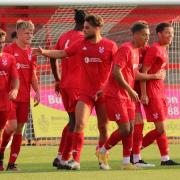 Harriers celebrate Jack Tolley's opener vs Cheltenham Town. Picture credit: KHFC