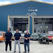Richard Hammond,centre, at his business 'The Smallest Cog' in Hereford with the Greenhouse family