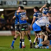 Bath Rugby players including Max Ojomoh celebrate at the final whistle - Mandatory by-line: Patrick Khachfe/JMP - 09/01/2022 - RUGBY UNION - The Recreation Ground - Bath, England - Bath Rugby v Worcester Warriors - Gallagher Premiership Rugby