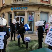 Extinction Rebellion held a protest outside Barclays bank on Worcester high street on Saturday