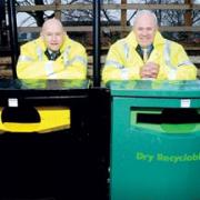 KEEP IT CLEAN: Malcolm Cox, operations manager at Worcester City Council, and, right, Roger Knight, deputy leader and portfolio holder for a cleaner and greener city, with the recycling bins in Hylton Road, Worcester. Picture: Paul Jackson. 50387102