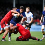 Billy Vunipola and Eroni Mawi of Saracens attempt a tackle on Francois Venter of Worcester Warriors - Mandatory by-line: Andy Watts/JMP - 30/04/2022 - RUGBY - Sixways Stadium - Worcester, England - Worcester Warriors v Saracens - Gallagher Premiership