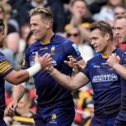 Jamie Shillcock of Worcester Warriors celebrates with teammates after scoring a try - Mandatory by-line: Robbie Stephenson/JMP - 04/06/2022 - RUGBY - Sixways Stadium - Worcester, England - Worcester Warriors v Bath Rugby - Gallagher Premiership Rugby.