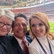 Mid Worcestershire MP Nigel Huddleston celebrates England's 2-1 win over Germany in the Women's Euro final with Spice Girl Geri Horner and work and pensions secretary Therese Coffey
