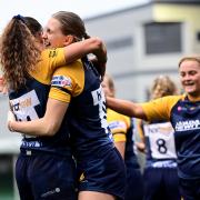 Deborah Wills of Worcester Warriors celebrates her try with team mate Vicky Laflin of Worcester Warriors - Mandatory by-line: Ashley Crowden/JMP - 27/11/2022 - RUGBY - Sixways Stadium - Worcester, England - Worcester Warriors Women v Sale Sharks Women -