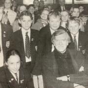 Composer Anthony Payne with schoolchildren in December 98. He had completed an unfinished symphony by Elgar.
