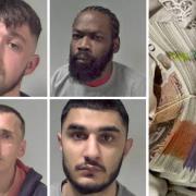 JAILED: (Clockwise from top left): Oliver Brighton, Aaron Brooks, Himesh Suri and Steven Edwards, Right photo shows cash seized by South Worcestershire detectives
