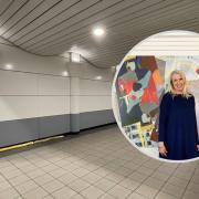 BOLD: Main photo shows Foregate Street railway station, provided by The Arts Society Worcester. Inset: Julie Hoyle with her striking artwork in Guildford