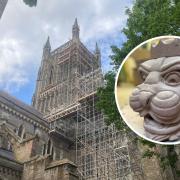REPAIRS: The scaffolding at Worcester Cathedral. Inset: the crowned lion which will form part of the pinnacle replacing the one damaged