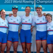 GOLD : Giede Rakauskaite (centre) has taken her World Rowing Championship gold medal tally to five.