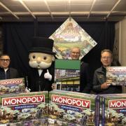 Kieran McNamara from Winning Moves, Mayor Louis Stephen and Tim Evans from Toys and Games Worcester.