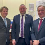 Worcester MP Robin Walker (left), pictured with minister of state for health Andrew Stephenson MP (centre), and Conservative Worcester parliamentary candidate Marc Bayliss (right)