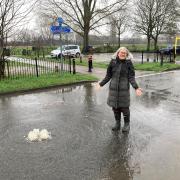DISGUST: Jo Musson next to the fountain of raw sewage in Waverley Street in Diglis, Worcester