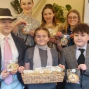Sophie Huggett, Grace Collard, Annabel Hunt, Lizzie Perry, Emilia Walley and Riley Attwood with the cookies