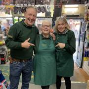 Sue Charlton [CENTER], a part-time sales assistant at Toys and Games of Worcester, has retired after seven years at the company (With shop owners Tim Evans (Left), Vicky Evans (Right)